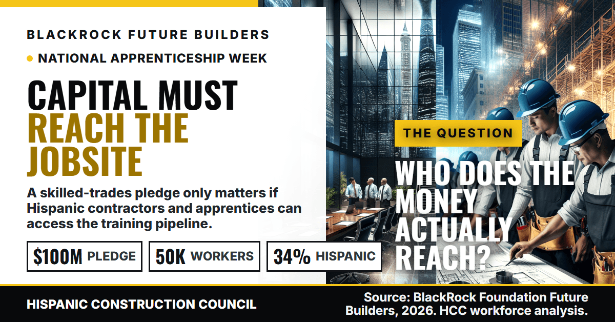 Hispanic construction workers and National Apprenticeship Week 2026 skilled trades training investment. HCC asks whether BlackRock's $100 million Future Builders initiative will reach the 34 percent of the U.S. construction workforce that is Hispanic.