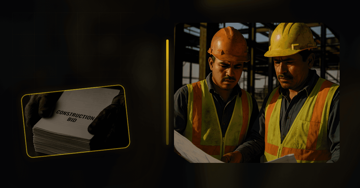 Two Hispanic construction workers review plan sheets inside a steel-frame commercial jobsite beside a close-up inset of a construction bid packet, representing the margin pressure small subcontractors face when input costs outpace bid prices.