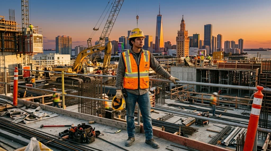 Construction professional overlooking a Miami job site at sunset