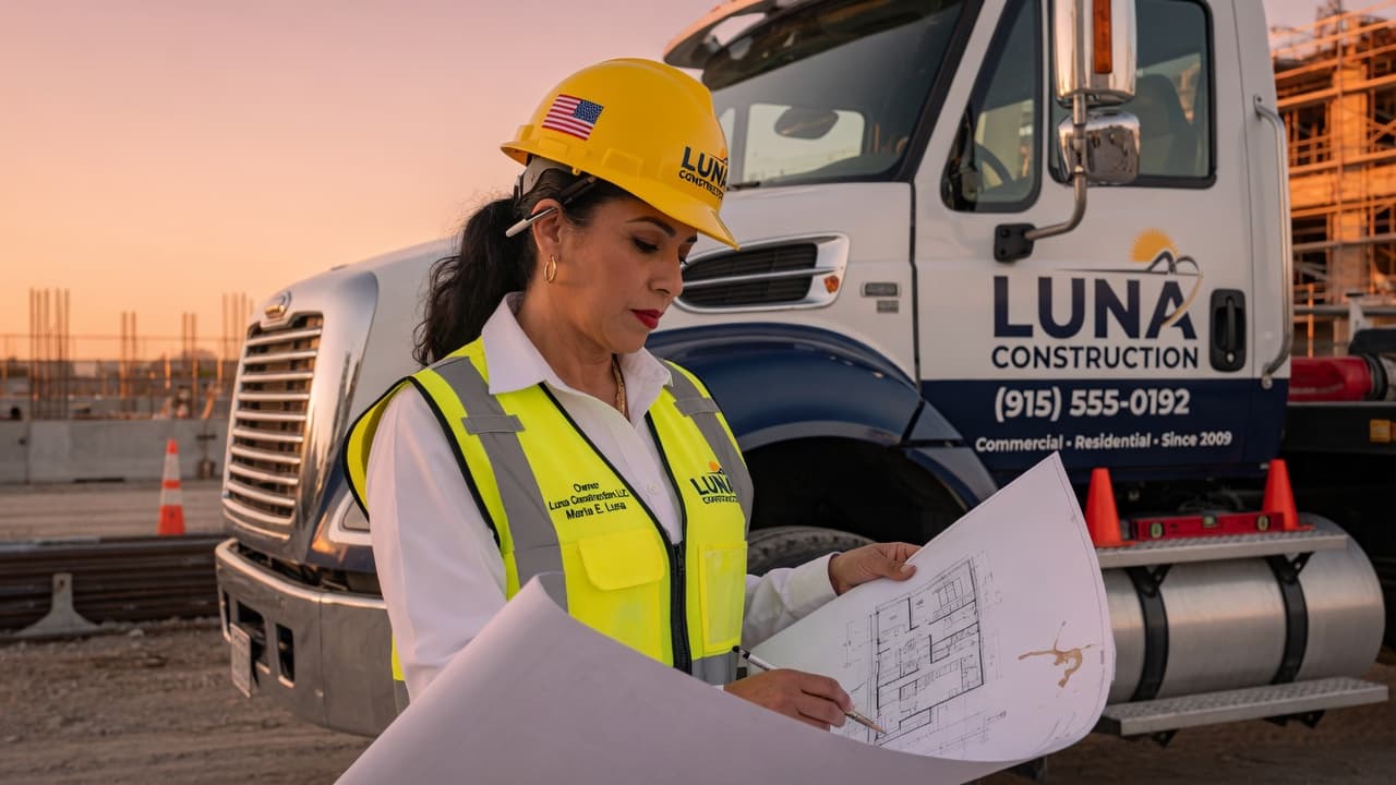 Hispanic business owner reviewing blueprints in front of a construction company truck