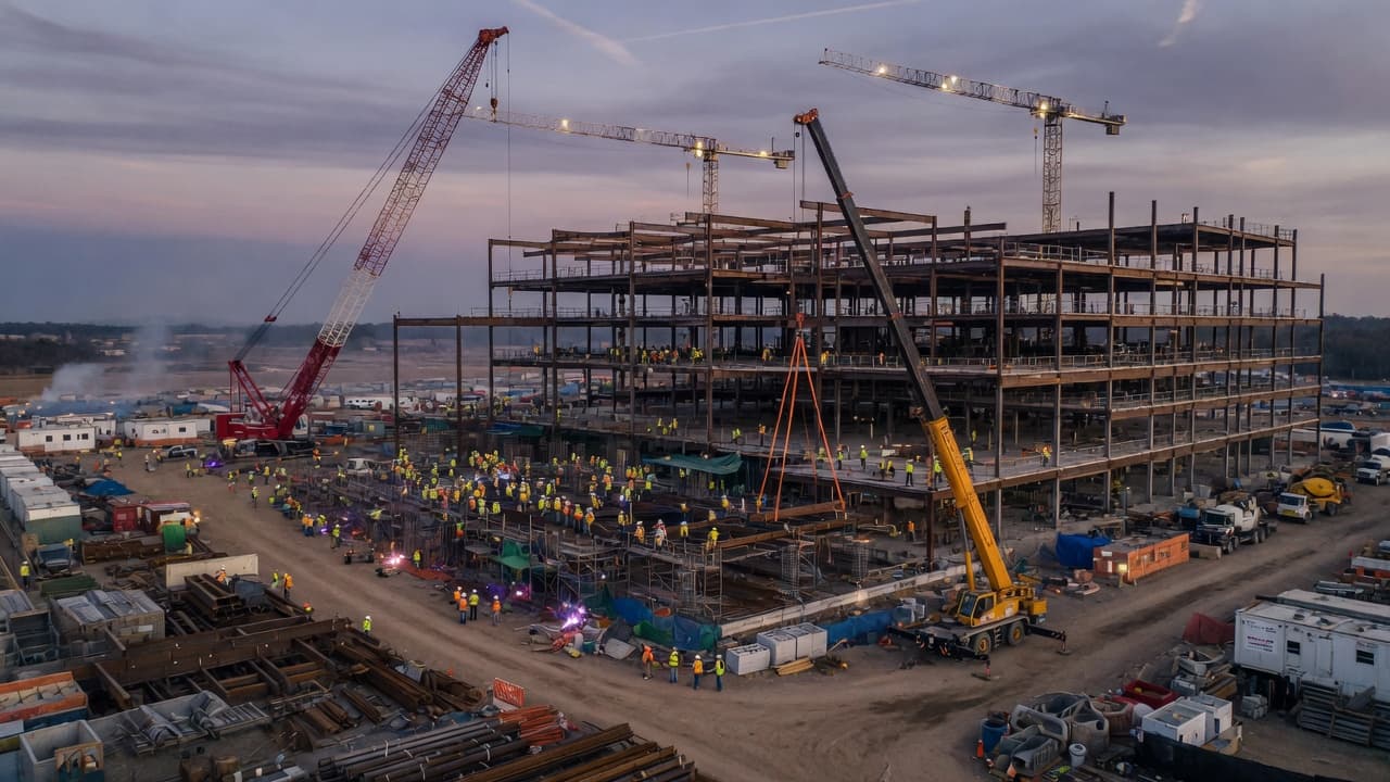 Aerial view of a large active construction site with hundreds of workers